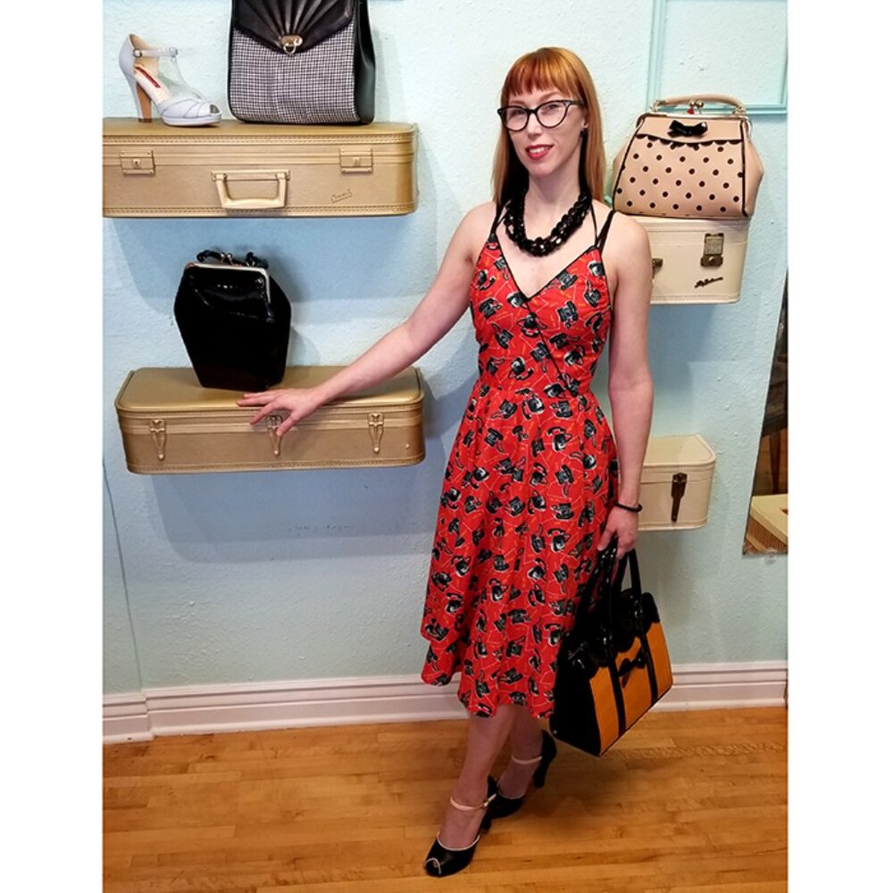 NWT retro telephone print swing dress, pockets, halter neck, sizes S, M, and XXL